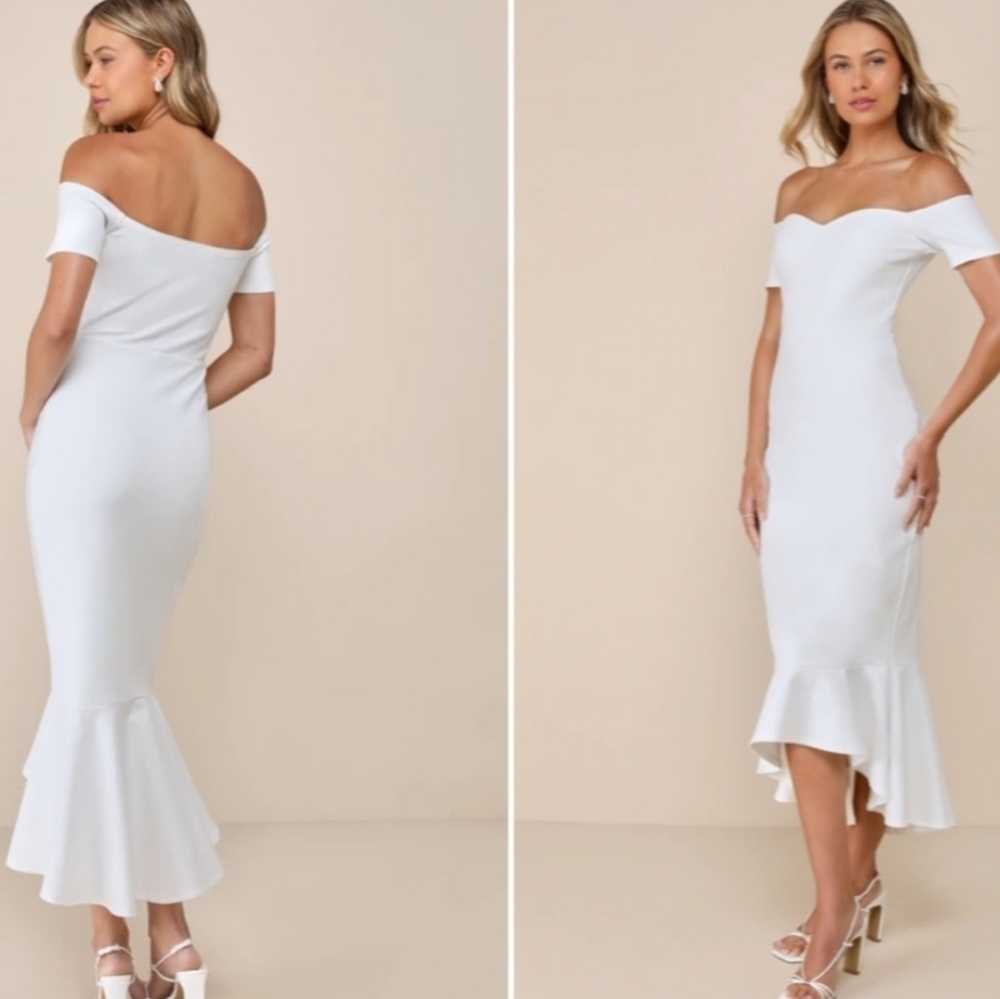 Lulu's How Much I Care ivory off shoulder fitted bodycon trumpet midi dress - Picture 5 of 12